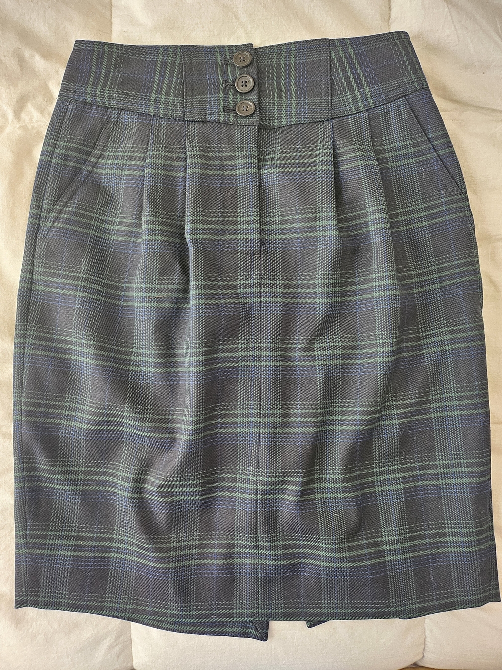 J. Crew Navy and Green Plaid High-Waist Wool Blend Pencil Skirt